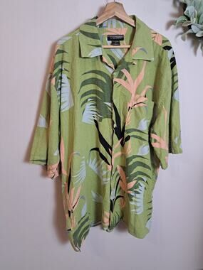 Trust Men's Hawaiian Shirt Green Tropical Linen Blend Sz XXL